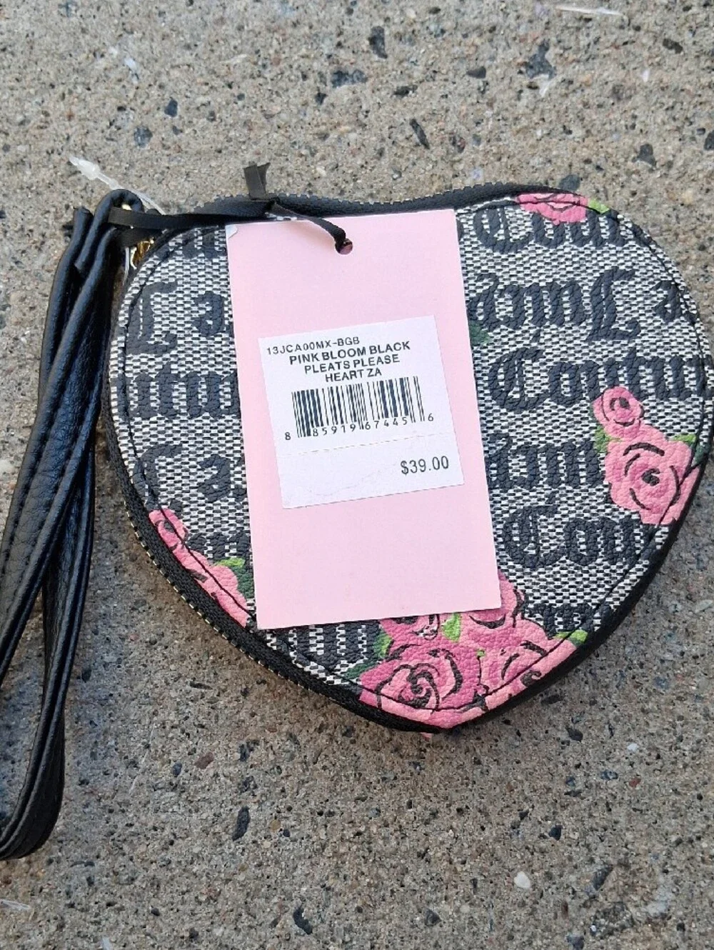 Juicy Couture Black Heart Wristlet with Pink Rose Print